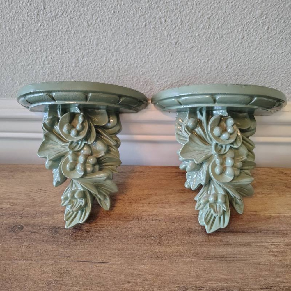 2 Resin Floral Botanical Sconce Shelves Wall Decor Ornate Shelf Pair Green